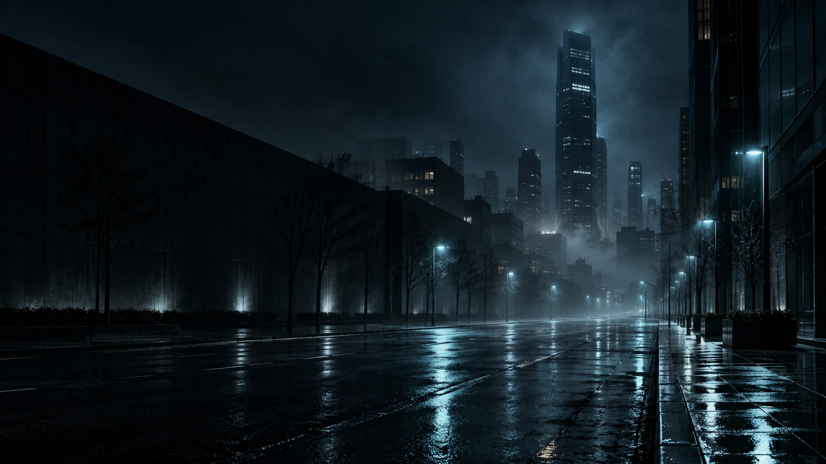 An empty city street in blue fog at night
