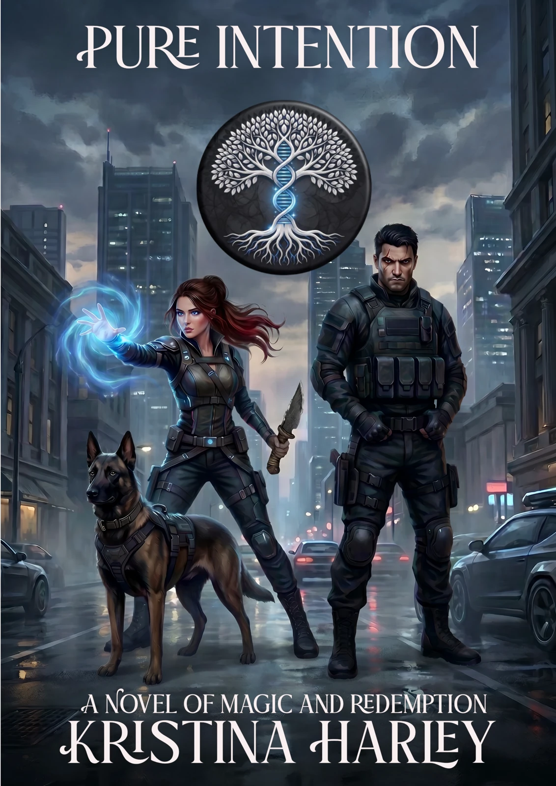 Pure Intention book cover: Sloane casting blue light beside Max and the dog Nero on a rain-slick city street