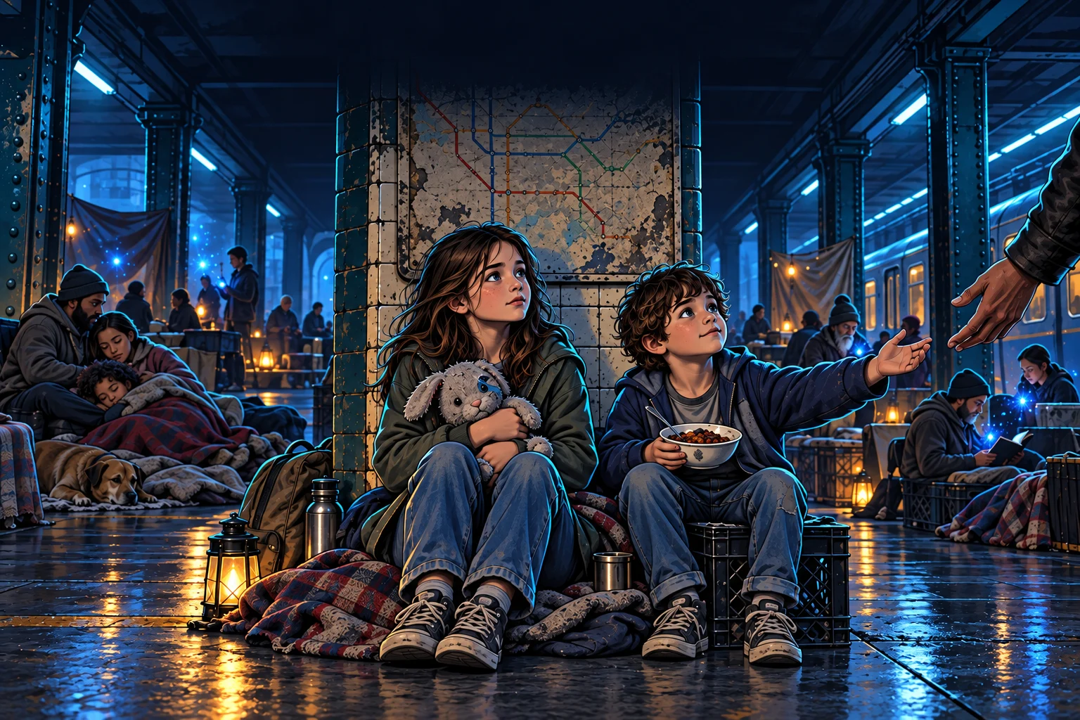 In an underground station refuge, a girl holds a worn stuffed rabbit beside a younger boy on a milk crate, with families and faint blue magic in the background.